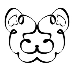 head of a cute fluffy dog with hearts in the ears, creative image of an animal, black outline
