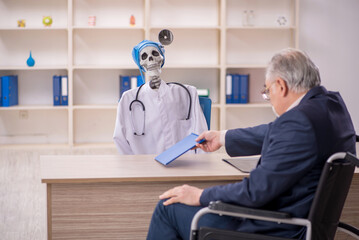 Fototapeta premium Old patient in wheel-chair visiting devil doctor