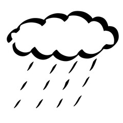 oblique rain with straight long drops from a large cloud, black outline on a white background