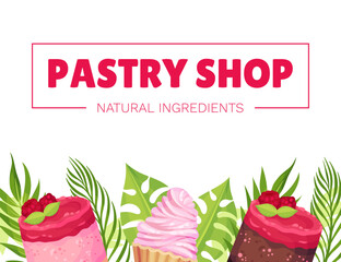 Sweet Raspberry Dessert Banner Design with Creamy Cake Vector Template