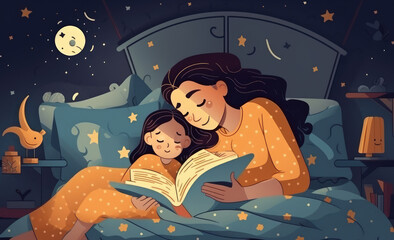 A mother shares a special moment with her child, creating a loving bond through the magic of storytelling. Generative AI