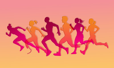 People are running. Men, women, people with prosthetic legs are running. Silhouette with a gradient and a line. Pink yellow colors. 