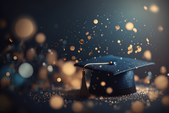 graduation celebration background blur bokeh dark blue. Illustrator AI Generative