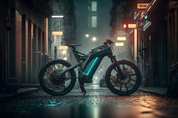 Concept of electric bike on city streets, Generative AI