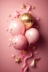 Party balloon pink background with little golden stars. Illustrator AI Generative
