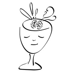 head of a pondering calm person with a visible brain like a wine glass, abstract black outline