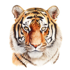 an isolated Bengal tiger face portrait, face, stalking prey, fierce jungle-themed watercolor painting illustration on a transparent background in PNG. Generative AI