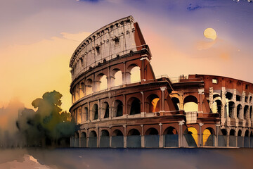 Watercolor postcard with historical part of Rome, Italy. Amphitheater, Colosseum, columns, Generative AI.