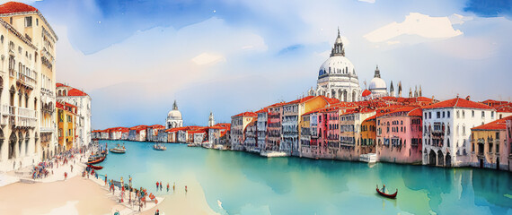 Fototapeta na wymiar Watercolor postcard Venice, view of grand canal and basilica, Gondolas and San Giorgio Maggiore island, Generative AI.