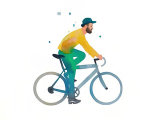 Watercolor postcard of a cyclist on a white isolated background, Generative AI.