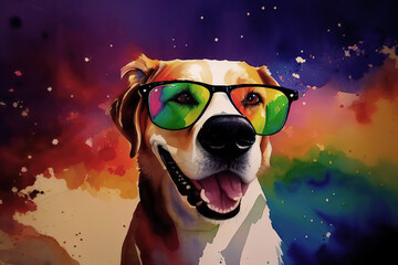 Fototapeta premium Watercolor postcard with pet dog wearing rainbow sunglasses, Generative AI.