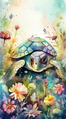 Obraz na płótnie Canvas Enchanting Baby Sea Turtle in a Colorful Flower Field - Ideal Watercolor Painting for Art Print - Generative AI