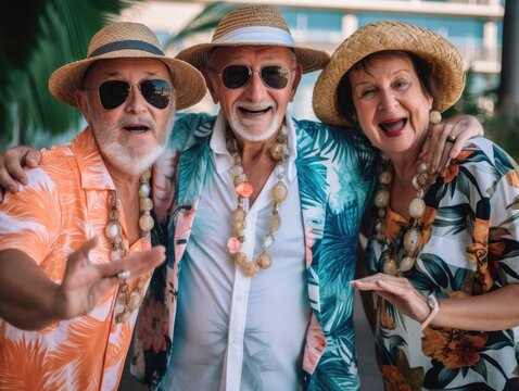 Fototapeta Three retired person very happy on holidays, wearing hawaiian shirts, Ai Generative.