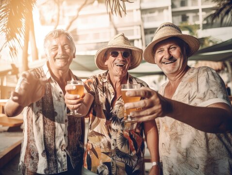Three retirees toasting with beer, enjoying vacation on the beach.