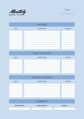 Vector template of a financial universal planner in soft blue tones