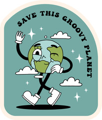 Groovy y2k retro eco cartoon sticker png. Happy earth day ecology sticker or label design. Environment day trendy badges. Isolated on transparent background. Ecological vector illustration