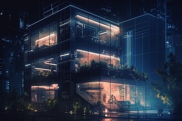 Modern business center at night, Generative AI