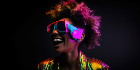 Portrait of an African-American woman in astonishment wearing a virtual reality headset. Vivid colors neon glowing HMD generative ai