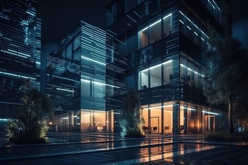 Modern business center at night, Generative AI