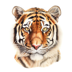 Fototapeta na wymiar an isolated Bengal tiger face portrait, face, stalking prey, fierce jungle-themed watercolor painting illustration on a transparent background in PNG. Generative AI