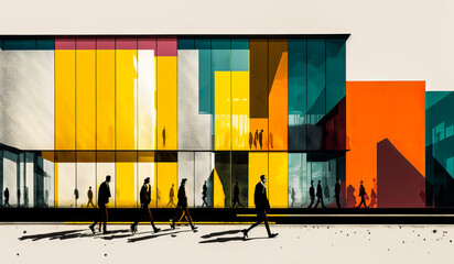 People walking past a row of minimalist buildings, with their reflections in the windows. Bright colors convey a sense of movement and energy. Generative AI
