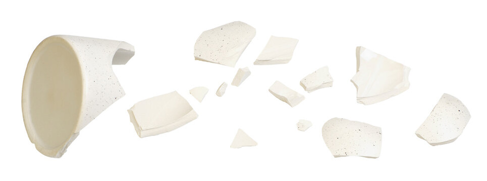 Set of ceramic fragments of broken vase isolated on white or translated background