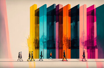 People passing by minimalist buildings, transmitting movement and energy. Minimalist architecture in animated city shown in picture. Generative AI - obrazy, fototapety, plakaty