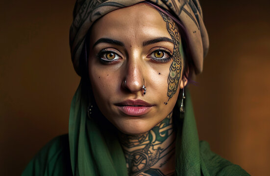 Generative AI illustration of a beautiful young berber woman with hijab, tattoos and typical jewelry