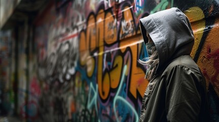Fototapeta na wymiar Mysterious Figure Leaning Against Graffiti-Covered Wall - Generative AI