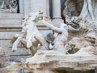 Detail of the famous Trevi Fountain in Baroque architecture in Rome.Major attraction and tourist landmark