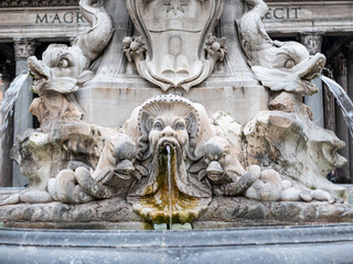 Close-up of the Pantheon fountain with various sea creatures protecting the monument