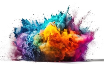 Multicolored explosion of rainbow holi powder paint isolated on white background. Generative AI, Generative AI