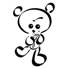 cute little bear walks with a jug of honey in its paws, black outline on a white background