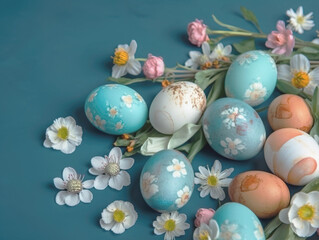 Fototapeta na wymiar Easter eggs and springtime flowers over blue background. Spring holidays concept with copy space. Top view