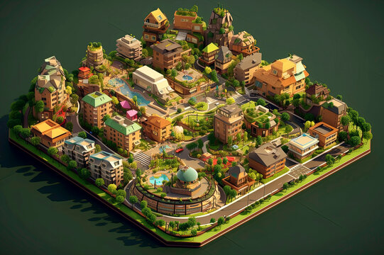 Generative AI illustration from Pixar Isometric View Children's Toys Single - An exclusive residential complex with luxurious amenities and stunning views of the city