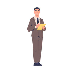 Man Entrepreneur and Office Employee Standing Holding Clipboard and Smiling Vector Illustration
