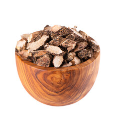 Calamus root in wooden bowl, isolated on white background. Sweet flag, sway or muskrat root. Dry root of Acorus calamus.