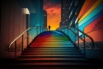 illustration, modern city night scene, colorful staircase, ai generative