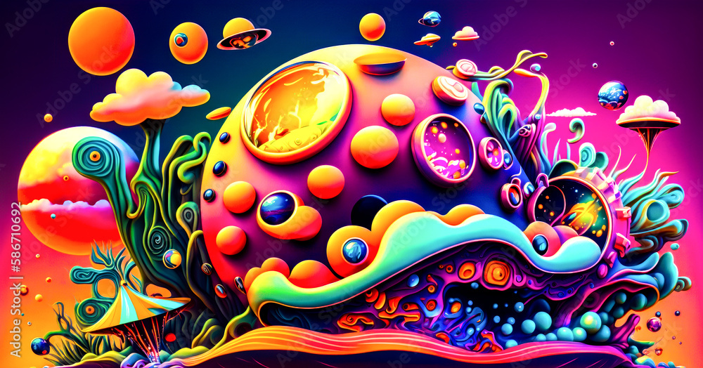 Poster painting of mushroom with clock on top of it. generative ai.