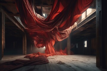Red fabric flying in rustic space, Generative AI