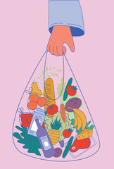 Hand holding healthy food bag. Shopping food. String bag with groceries. Zero waste products for shopping vector concept. Knitted shopping bag full of products, bread, vegetables. Eco style.
