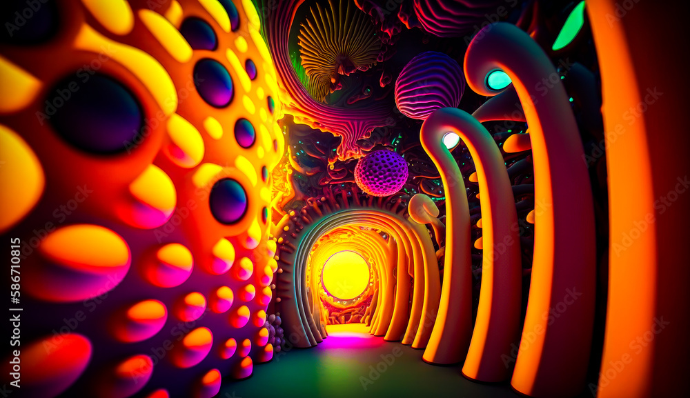Poster colorful tunnel with light at the end. generative ai.