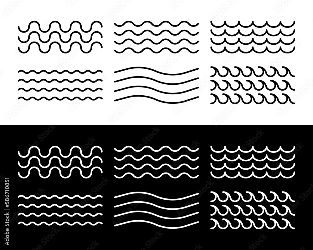 Poster sea water waves. collection of linear waves of different style and size. vector illustration.
