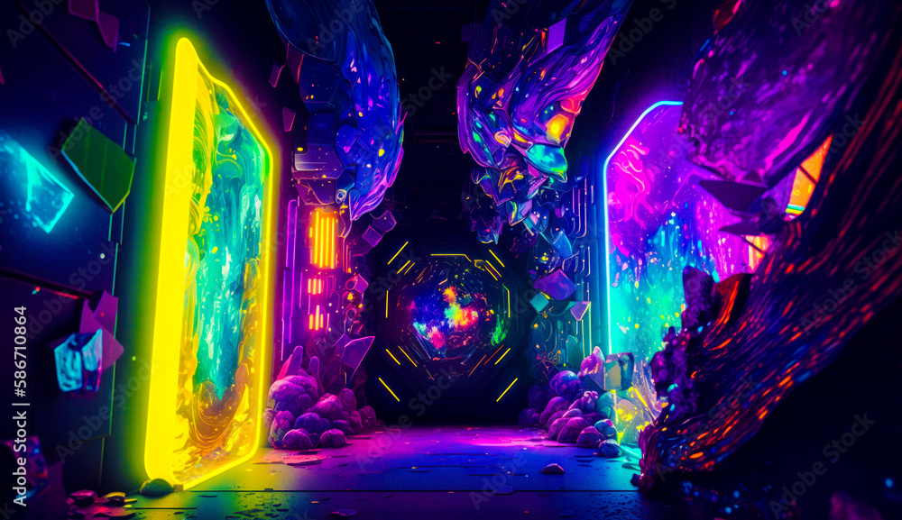 Poster tunnel with neon lights in the middle of it. generative ai.