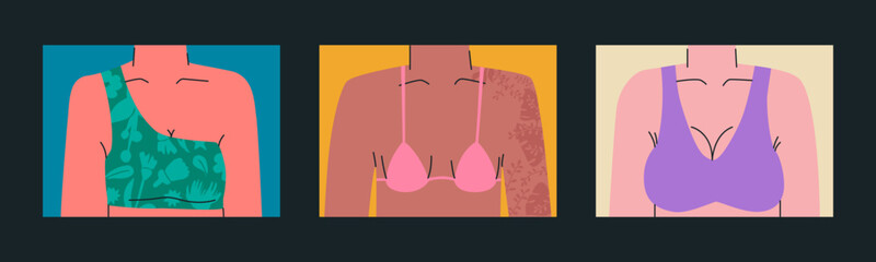 Female bust in a bra. Part of the female body in underwear. Set of trend illustrations.
