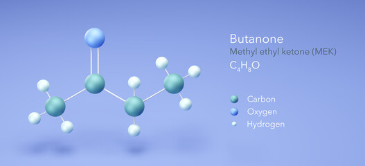 butanone molecule, molecular structures, methyl ethyl ketone, 3d model, Structural Chemical Formula and Atoms with Color Coding