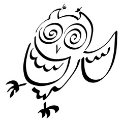 funny owl that dances or performs a sports exercise, with eyes in the form of a spiral, black outline on a white background