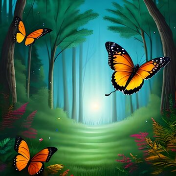illustration painting with magical glowing night butterflies in the forest. Inspiration card