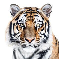 an isolated Bengal tiger portrait, face, stalking prey, fierce jungle-themed photorealistic illustration on a transparent background in PNG. Generative AI