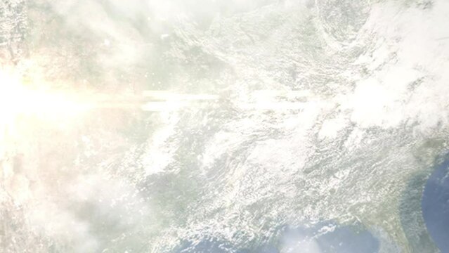Earth zoom in from outer space to city. Zooming on Conway, Arkansas, USA. The animation continues by zoom out through clouds and atmosphere into space. Images from NASA